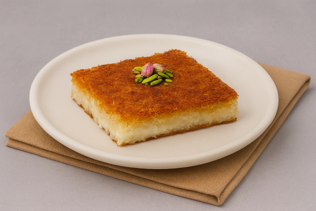 Golden khishneh kunafa slice