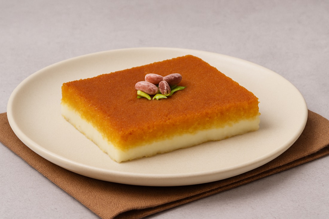 Na'ameh kunafa slice with a fine sandy crust