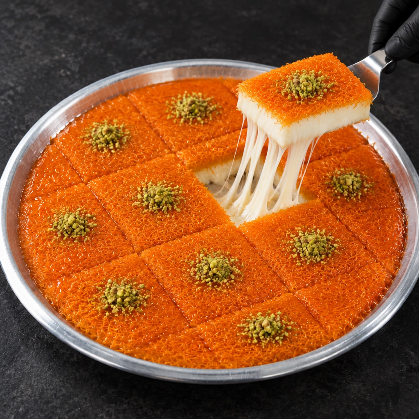 A piece of orange kunafa lifted from the tray with a long cheese stretch